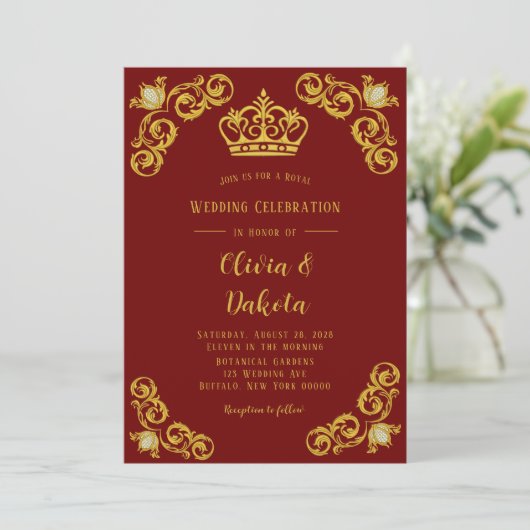 Rood en gouden Damask Royal Wedding Invitation Kaart (Staand voorkant)
