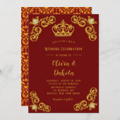 Rood en gouden Damask Royal Wedding Invitation Kaart (Voorkant / Achterkant)