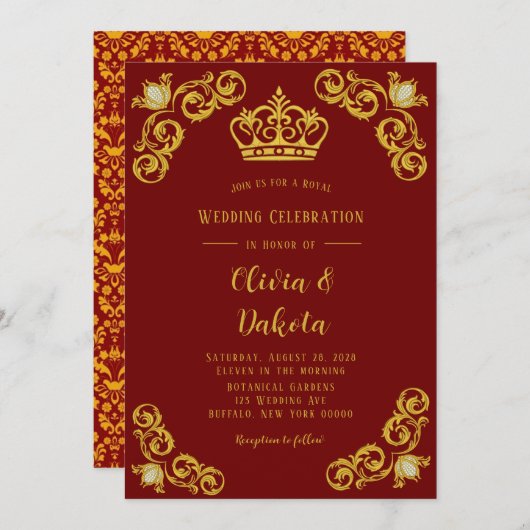 Rood en gouden Damask Royal Wedding Invitation Kaart (Voorkant / Achterkant)