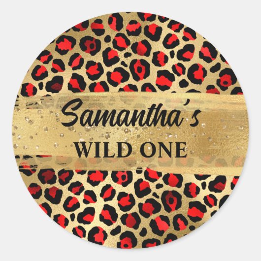 Rood en Gouden Folie Leopard Wild One Ronde Sticker (Voorkant)