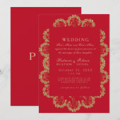 Rood- en gouden Indiase monogram bruiloft Kaart (Voorkant / Achterkant)