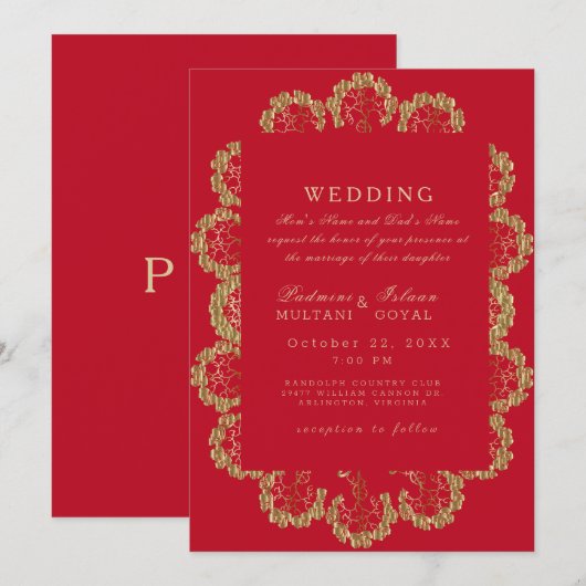 Rood- en gouden Indiase monogram bruiloft Kaart (Voorkant / Achterkant)