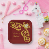 Rood en gouden koninklijk huwelijk papieren bordje (Feest)