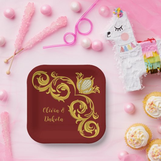 Rood en gouden koninklijk huwelijk papieren bordje (Feest)