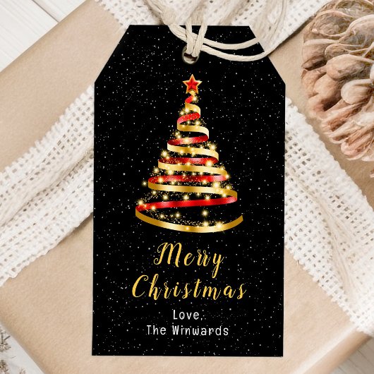 Rood en gouden lint — Merry kerst Cadeaulabel