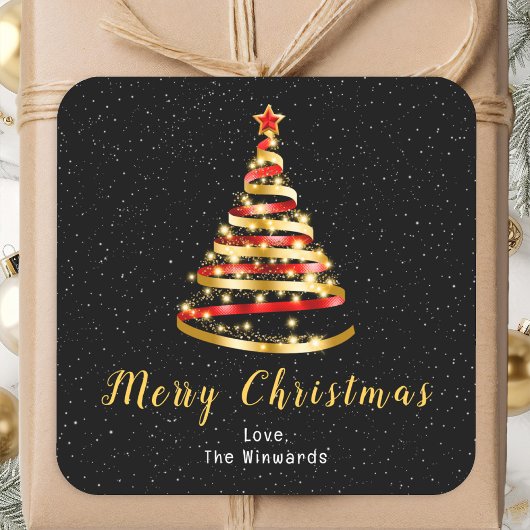 Rood en gouden lint — Merry kerst Vierkante Sticker