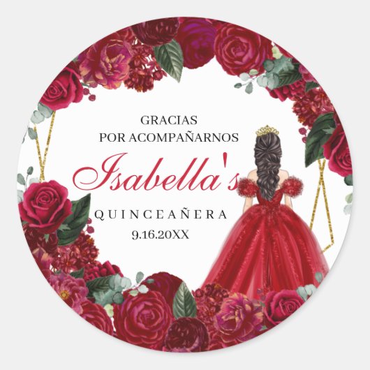 Rood- en goudFloral Quinceanera Classic Round Sti Ronde Sticker (Voorkant)