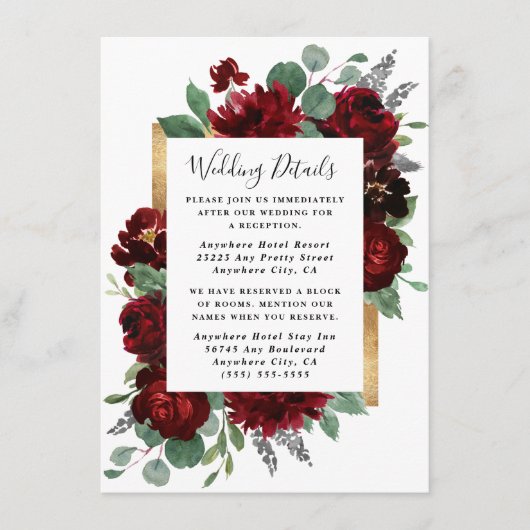 Rood- en goudFloral Rozen Greenery White Wedding Informatiekaartje (Voorkant)