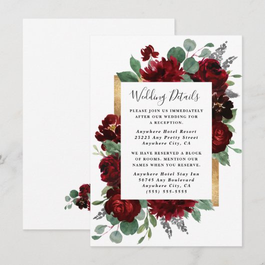Rood- en goudFloral Rozen Greenery White Wedding Informatiekaartje (Voorkant / Achterkant)