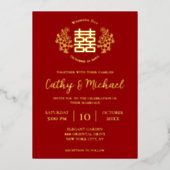 Rood- en goudflorale logo chinese bruiloft folie uitnodiging (Voorkant)