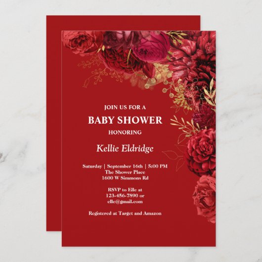 Rood- en goudflorenuitnodiging voor Baby shower Kaart (Voorkant / Achterkant)