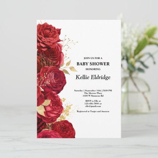 Rood- en goudflorenuitnodiging voor Baby shower Kaart (Staand voorkant)