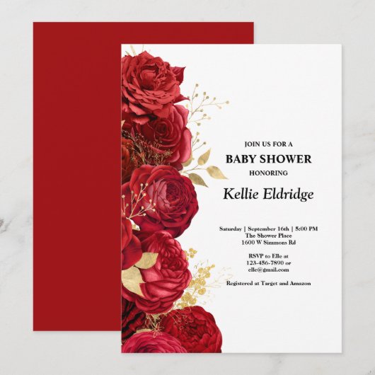 Rood- en goudflorenuitnodiging voor Baby shower Kaart (Voorkant / Achterkant)