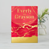 Rood en goudgalaxy Marmer Gold Wedding Folie Uitnodiging (Staand Voorkant)