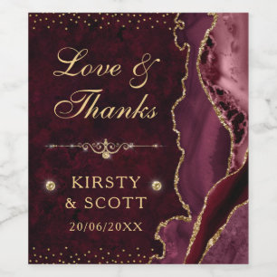 Rood en goudglitter Agate en marmer Wedding Wijn Etiket