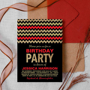 Rood- en goudglitter Chevron Birthday Party Kaart