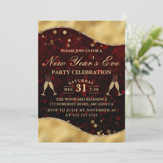 Rood- en goudgolfgrens Nieuwjaar Eve Party Kaart (Staand voorkant)