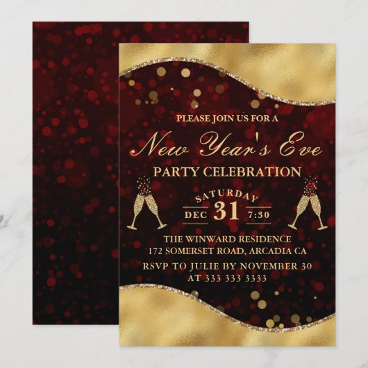 Rood- en goudgolfgrens Nieuwjaar Eve Party Kaart (Voorkant / Achterkant)