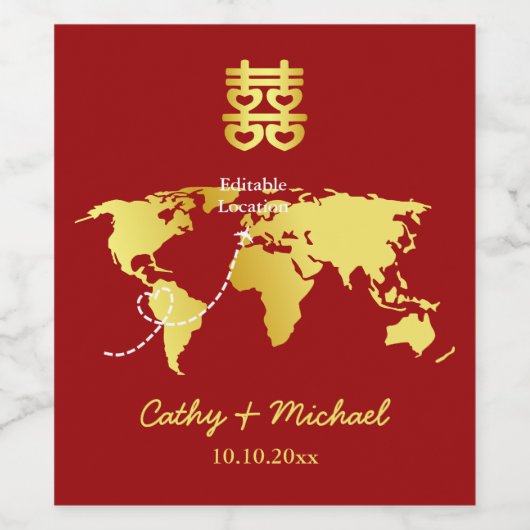 Rood- en goudkaart bestemming chinese bruiloft wijn etiket (Enkel label)