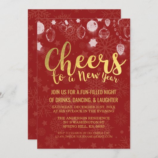 Rood- en goudkerst / Cheers Nieuwjaar Eve Party Kaart (Voorkant / Achterkant)