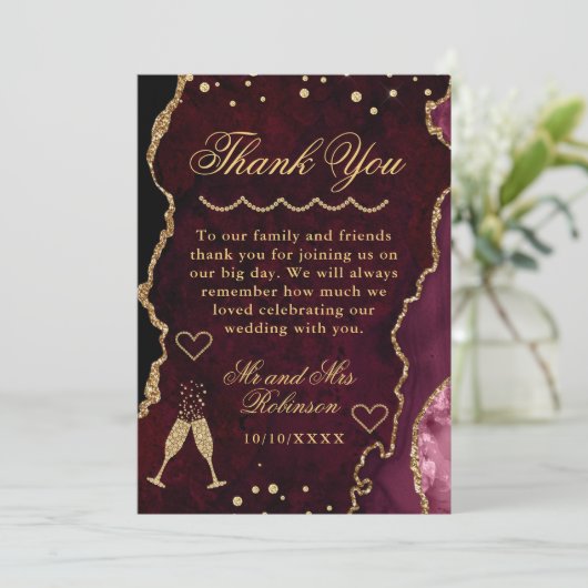 Rood en goudkleurig marmer Agate Wedding Bedankkaart (Staand voorkant)