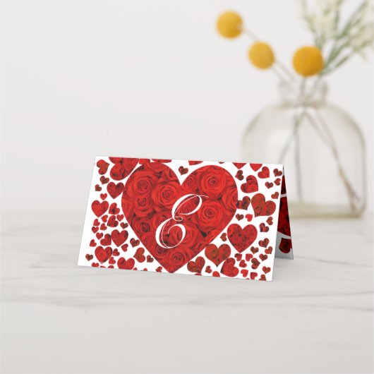 Rood en goudlegant hart en Rozen bruiloft Plaatskaartje (Achterkant)