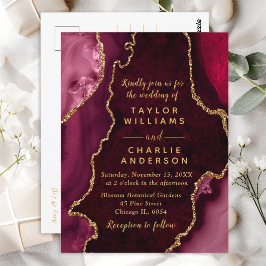 Rood- en goudmarmer-huwelijk briefkaart