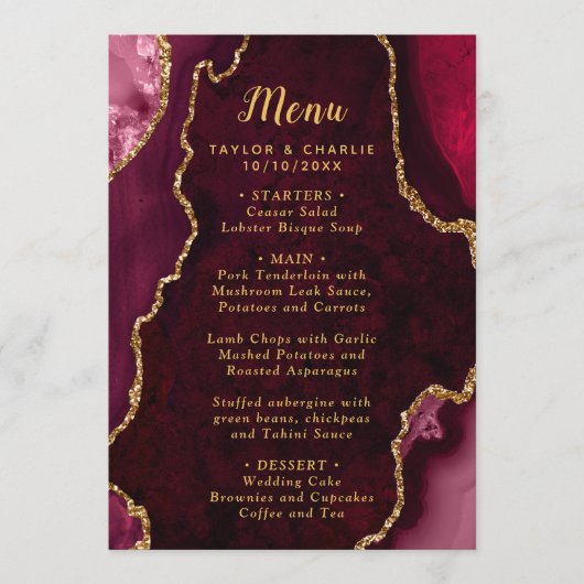 Rood- en goudmarmer-huwelijk menu (Voorkant)