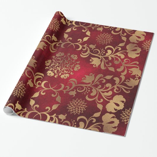 Rood en goudmetaal - Glamoureus Floral Patroon Cadeaupapier (Uitgerold)