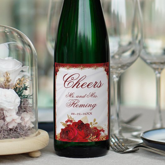 Rood- en goudmetallisch huwelijk wijn etiket