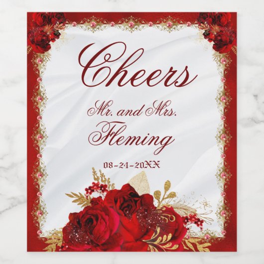 Rood- en goudmetallisch huwelijk wijn etiket (Enkel label)