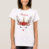 Rood- en goudmonogram kerstavond unicorn Reindeste T-shirt (Voorkant)