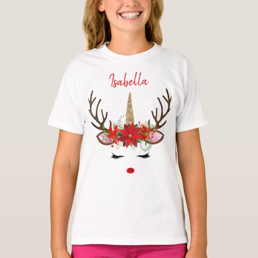 Rood- en goudmonogram kerstavond unicorn Reindeste T-shirt (Voorkant)
