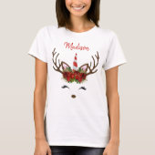 Rood- en goudmonogram kerstavond unicorn Reindeste T-shirt (Voorkant)
