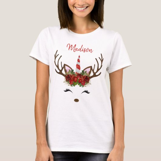 Rood- en goudmonogram kerstavond unicorn Reindeste T-shirt (Voorkant)