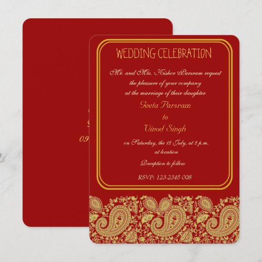 Rood- en goudpaisley Hindu-bruiloft Kaart (Voorkant / Achterkant)