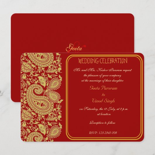 Rood- en goudpaisley Hindu-bruiloft Kaart (Voorkant / Achterkant)