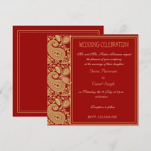 Rood- en goudpaisley Hindu-bruiloft Kaart (Voorkant / Achterkant)