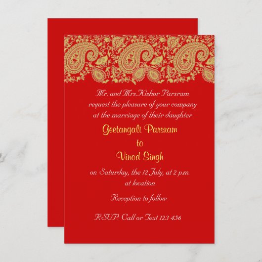 Rood- en goudpaisley Indische bruiloft Kaart (Voorkant / Achterkant)