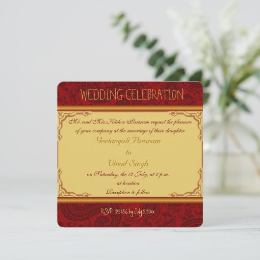 Rood- en goudpaisleyhindu-bruiloft kaart (Staand voorkant)
