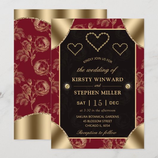 Rood- en goudpatroon en gouden harten kaart (Voorkant / Achterkant)