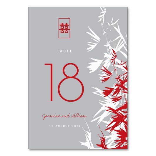 Rood en grijs bamboe vertrekt dubbelgeluk bruiloft kaart (Voorkant)