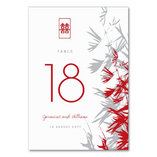 Rood en grijs bamboe vertrekt dubbelgeluk bruiloft kaart (Achterkant)