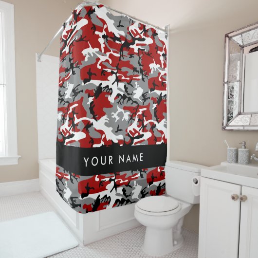 Rood en grijs Camouflage Jouw naam Personaliseren Douchegordijn (In situ)