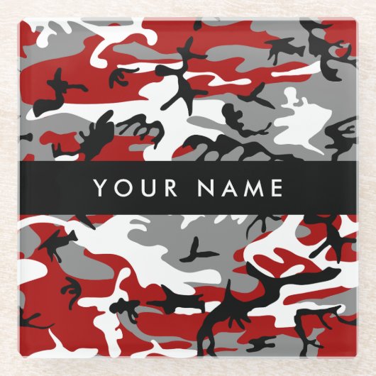 Rood en grijs Camouflage Jouw naam Personaliseren Glazen Onderzetter (Voorkant)