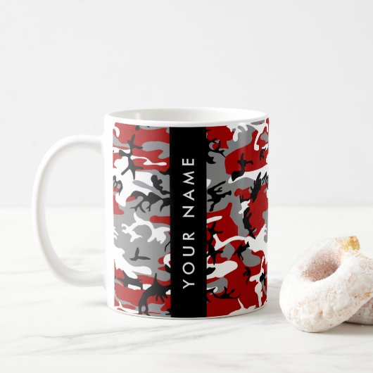 Rood en grijs Camouflage Jouw naam Personaliseren Koffiemok (Met donut)