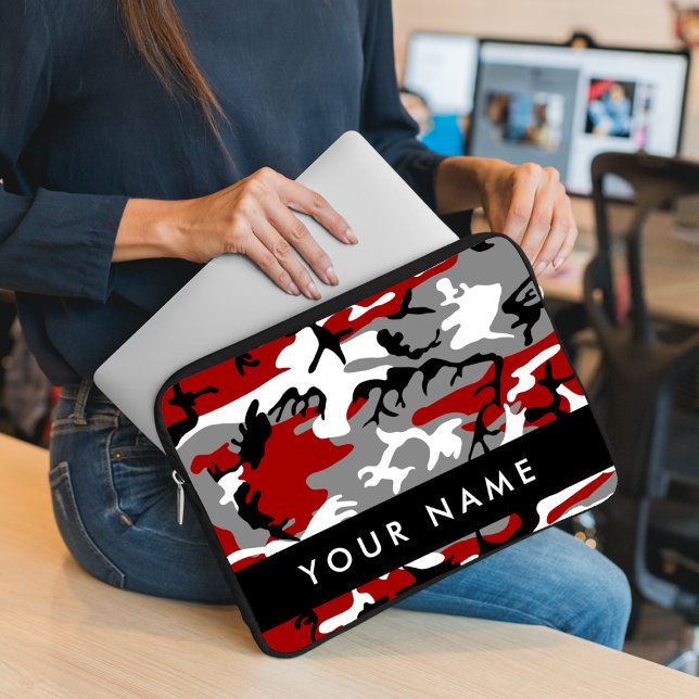Rood en grijs Camouflage Jouw naam Personaliseren Laptop Sleeve (Creator heeft geüpload)