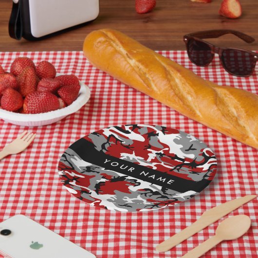 Rood en grijs Camouflage Jouw naam Personaliseren Papieren Bordje (Picknick)