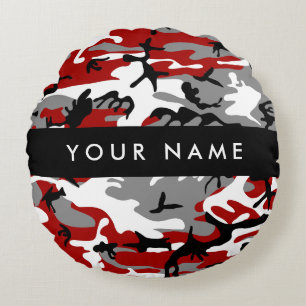 Rood en grijs Camouflage Jouw naam Personaliseren Rond Kussen