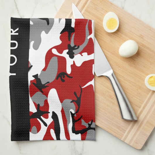 Rood en grijs Camouflage Jouw naam Personaliseren Theedoek (Quarter Fold)